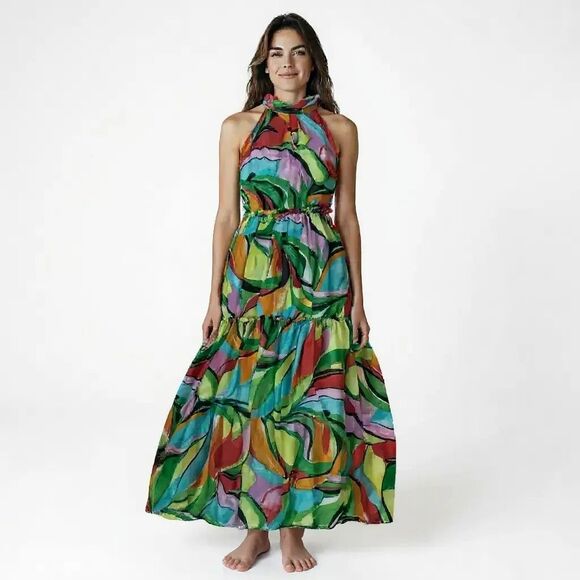 NEW Nicole Miller Tropical Abstract Halter Tiered Chiffon Maxi Dress Small - Picture 1 of 13